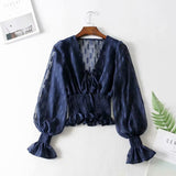 Kukombo Casual Cropped Blouse Shirt Sheer Autumn V-Neck Sexy Women Blouse Long Sleeve Holiday Female Ladies Tops 2023