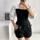 Kukombo Sweet Gentle Lace-Up Tops Summer Square Collar Lady Elegance Shirts Plus New OL Streetwear Blouses