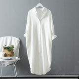 Christmas Gift Women Shirt Dress Cotton Linen Full Sleeve Casual Loose Spring Clothing Solid Color Button Up Calf-Length Dress