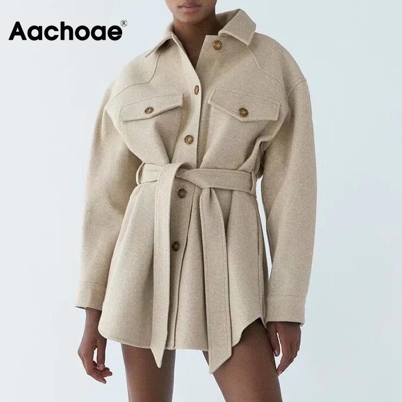 Christmas Gift Women Chic Wool Coats With Belt 2021 Solid Long Sleeve Pockets Shirt Jackets Outerwear Turn Down Collar Elegant Coat