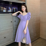 Christmas Gift Dress Women Fashion A-line High Waist Folds Slim Solid Summer Korean Style Party Elegant Retro Cute Puff Sleeve Sexy V-neck Chic