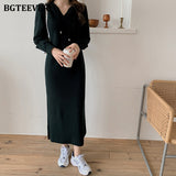 Christmas Gift BGTEEVER Autumn Winter Women Dress 2021 Hooded Knitted Midi Dresses for Women Long Sleeve Loose Female Sweater Vestidos 2021