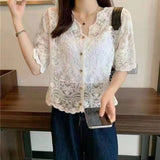 Kukombo Shirt Women Lace Summer Sun-Proof Simple Sexy Female Clothing Sheer Tops Preppy V-Neck Casual Trendy Harajuku Basic Korean New