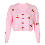 Christmas Gift HEYounGIRL Cherry Sweat Pink White Cute Cardigan Crop Top Casual Long Sleeve Cropped Sweater Women Autumn Winter Jumpers