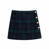 Kukombo Vintage Elegant Plaid Skirt Suits Women Fashion Double Breasted Cropped Blazers Side Buttons Mini Skirts Suits
