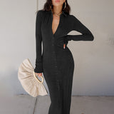 Graduation Gift Big Sale Fashion Ankle-Length Dresses For Women Long Sleeve Autumn Button Green Split Casual Elegant Party Clubwear Solid