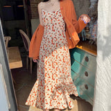 Summer Floral Print Two-Piece Set Sundress Spring Spaghetti Strap Tank Dress Kawaii Sleeveless Party Elegant Ropa Mujer Sukienka