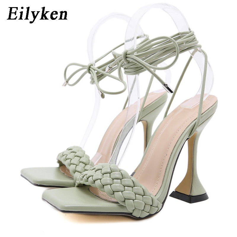 Christmas Gift Eilyken Women Sandals Hollow Cross-Tied Weave Shoes Fashion Cozy Leather Peep Toe Ankle Strap Ladies Strange Heels Pumps