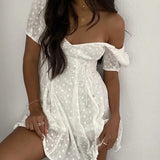 Kukombo White lace embriodery summer beach dress women elegant hollow out lace up short dress off shoulder puff sleeve sheer dress 2022