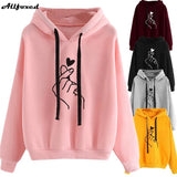 Christmas Gift Women Heart Finger Print Hoodies Winter Casual Warm Fleece Solid Drawstring Hooded Sweatshirts Loose Long Sleeve Pullover Tops