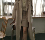 Christmas Gift Women Elegant Long Wool Coat With Belt Solid Color Long Sleeve Chic Outerwear Ladies Drop Shoulder Overcoat 2021