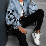 Christmas Gift 2021 Jean Jacket Women Denim Jackets Autumn Winter Loose Plaid Zipper Tops Streewear Hip Hop Coats Jackets Ladies Plus Size 5xl