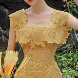 Kukombo Yellow Lace Bodycon Dress Women Clothing Square Neck High Waisted Vintage Elegant Mini Dress Woman Embroidery Mini Party Dresses