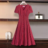 Kukombo Short Sleeve Dress Women V-Neck Polka-Dot Chiffon Elegant Chic Single-Breasted Chic Slender Sexy High-Waist Korean Retro Grils