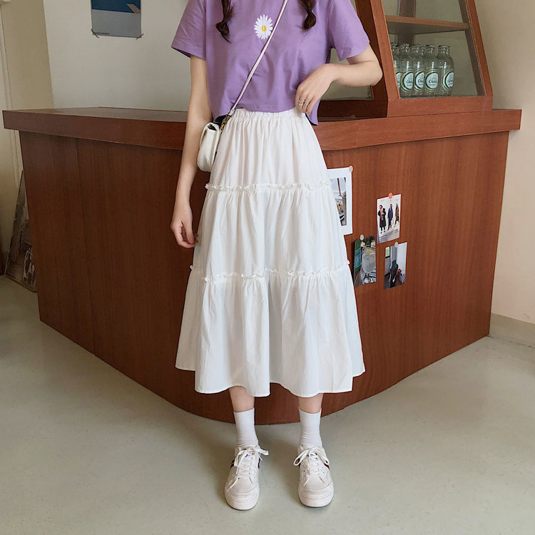 Kukombo Skirts Women Summer Pleated A-Line Loose Solid Ruffles Harajuku Girls Sweet Spring All-Match Trendy Elegant Womens Preppy-Style