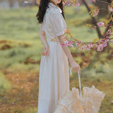 Kukombo Solid Vintage Fairy Dress Women Lace Designer Elegant Midi Dress French Retro Puff Sleeve Party Casual Sweet Dress Summer K87