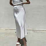 Kukombo Satin High Waist Skirts Women New Soft Smooth Silk Office Lady Basic Midi Skirt Chic Elegant Glossy Long Skirt