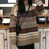 Kukombo Vintage Sweaters Women Pullover Winter Striped Jumpers Korean Style Loose Sweater Knitwear Casual Loose Pullover Pull New