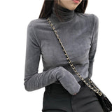 Kukombo Women's Soft Fleece Turtleneck Shirt Solid Long Sleeve Velvet T-Shirt Autumn Fitness Vintage Girls Bottom Tops Women Clothing