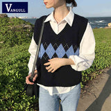 Christmas Gift Women Sweater Vest Autumn 2021 Korean Style Vintage Geometric Argyle V Neck Sleeveless Pullovers Knitted Woman Sweaters