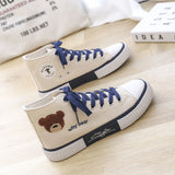 Kukombo Women's High Platform Bear White Kawaii Canvas Sports Shoes Flat Sneakers Anime Spring Vulcanize Trainers Korean Rubber