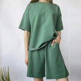 Christmas Gift Hirsionsan Soft Cotton Sets Women 2021 New Casual Two Pieces Short Sleeve T Shirts and High Waist Shorts Solid Outfits Tracksuit