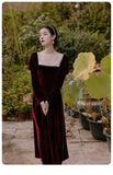 Kukombo High-End Retro Velvet Puff Sleeve Dress Ladies French Beaded Cross Lace Square Collar Elegant Red Palace Style Princess Dresses K155