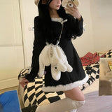 Kukombo Winter Black Lolita Mini Dress Women Casual Fur Party Kawaii Clothing Female Korean Fashion Bow Sweet One Piece Dress 2022