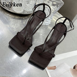Christmas Gift Eilyken Gladiator Sandals High Heels Shoes Fall Best Street Look Females Square Head Open Toe Clip-On Strappy Sandals  Women