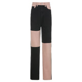 Kukombo Grey Patchwork Straight Mom Jeans Woman High Waist Pockets Boyfriend Classic Streetwear Black Pants Loose Denim