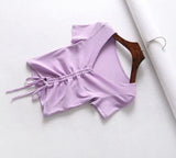 Kukombo Sexy V Neck Cropped Tank Tops Women Drawstring Tie Up Front Camis Candy Colors Streetwear Slim Fit Ribbed Crop Top