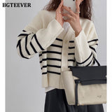 Christmas Gift BGTEEVER Autumn Winter V-neck Single-breasted Ladies Striped Sweaters Tops Full Sleeve Loose Female Knitted Cardigans 2021