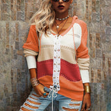 Kukombo 2022 New Female Hoodies Autumn Women Patchwork Hooded Sweater Long Sleeve V-neck Knitted Sweater Casual Striped Pullover Jumpers