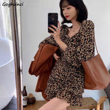 Kukombo Leopard Dresses Women Mini Long Sleeve Slim Dating Ladies Square Collar Autumn French Chic Fashion Student Clothing Vestido Club