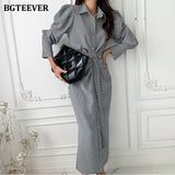 Christmas Gift BGTEEEVR Chic Turn-down Collar Women Long Plaid Dress Fashion Single-breasted Belted Female Dress Full Sleeve Bodycon Vestidos