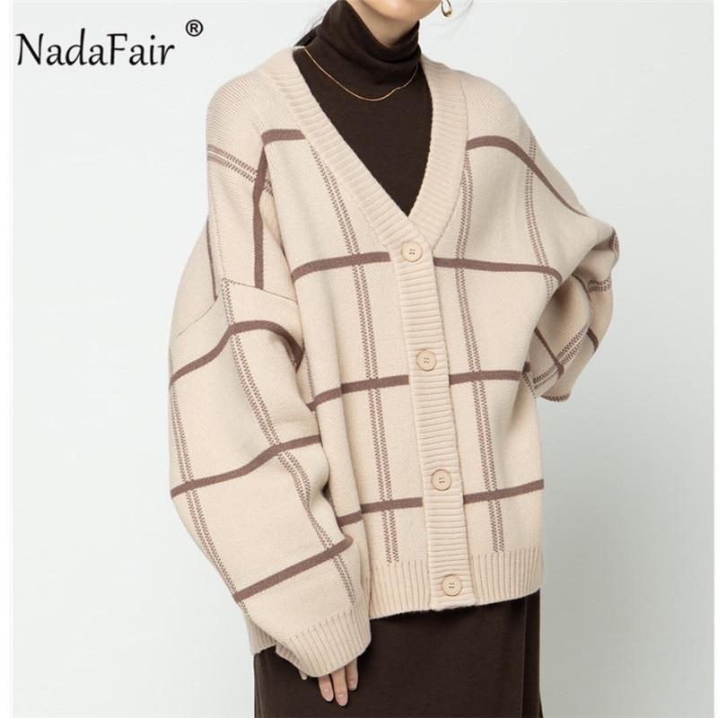 Nadafair Plaid Cardigan Sweater Women Lantern Sleeve Casual Loose Jumper Autumn Winter V Neck Knitted Oversized Cardigan Ladies-1104
