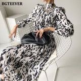 Christmas Gift BGTEEVER 2021 Spring New Stand Collar Women Full Sleeve Dress Elegant Hit Color Female Lace-up Printed Midi Dress Vestidos