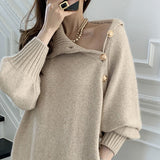 Graduation Gift Big Sale  Winter Turtleneck Buttons Women Knitted Dress Elegant Full Sleeve Lace-up Female Thicken Long Dress for Sweater Autumn New