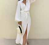 Kukombo White Casual Loose Dress Sets Autumn Long Sleeve Blosues Two Piece Skirt Set Women Vintage High Wasit Slit Skirt Suit