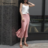 Kukombo New Summer Satin High Waisted Silk Skirts Women Silk Office Female Basic A-line Skirt Chic Elegant Ladies Skirt
