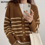 Christmas Gift BGTEEVER Autumn Winter V-neck Single-breasted Ladies Striped Sweaters Tops Full Sleeve Loose Female Knitted Cardigans 2021
