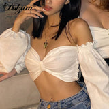 Kukombo Ruched Bow Women White Shirts Crop Top Puff Long Sleeve Off Shoulder Elegant Party Streetwear spring summer Club
