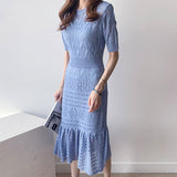 Kukombo Elegant Hollow Out Women Knit Short Sleeve High Waist Bandage With Vest Midi Female Fashion Chic Dress