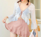 Kukombo 3 Piece Bikini Set Korean 2024 Cute Swimsuit Women Underwire Ruffle A-Line Skirt High Waist Bikini Cover Up See Through Bikinis
