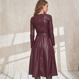 Christmas Gift Fashion Belt Faux Leather Dresses Women Long Sleeve Slim Fit PU Dress Sexy Club Wear New Arrival 2021 Autumn Winter