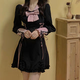 Kukombo Black Princess Elegant Dress Women High Waist Slim Kawaii Gothic Dress Autumn Long Sleeve Bow Designer Party Mini Sweet Dress K95