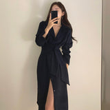 Kukombo 2022 Spring Autumn Women Elegant Turn-Down Collar Tie Waist Shirt Dress High Fork Slim Casual Button Solid Ladies Clothes