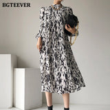 Christmas Gift BGTEEVER 2021 Spring New Stand Collar Women Full Sleeve Dress Elegant Hit Color Female Lace-up Printed Midi Dress Vestidos
