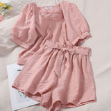 Christmas Gift Korean Style Large Size Casual New Summer Square Neck Short Sleeve Women's Suit Loose + High Waist Shorts