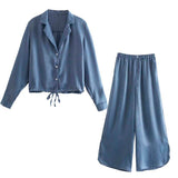 Kukombo  Women Solid Silk Two Piece Set Elegant Notched Drawstring Shirt Top And Split Wide Leg Pants Suits Casual Loose Ladies Clothing